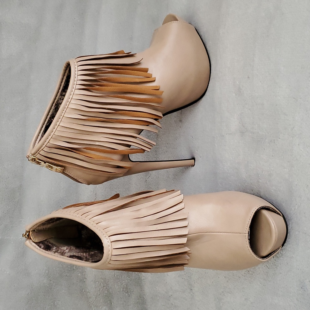 CLEOPATRA Tan Fringed Faux Leather Platform Stiletto Heel Ankle Booties SIZE:8.5